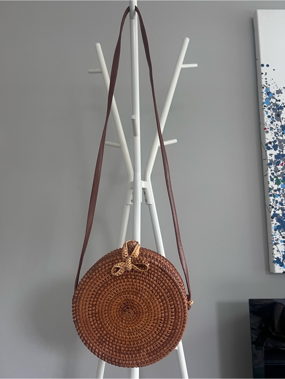 Round Rattan Crossbody Bag with Bow Detail - Picture 1 of 10